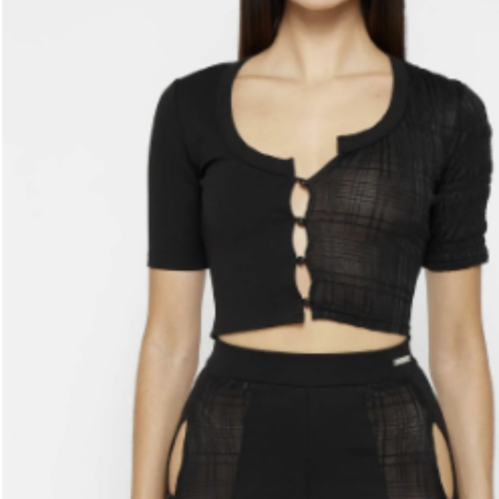 Bandage & Mesh Asymmetric Crop Top - Black - Never Worn